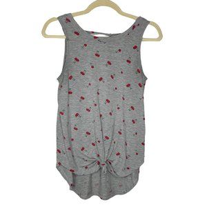 AWAKE Grey Cherry Print Knotted Tank With T-Back‎ V Neck Sz S